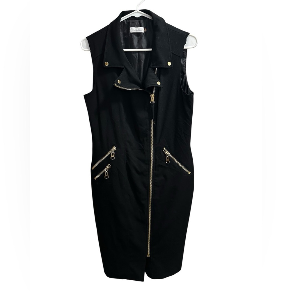 Calvin Klein Black Sleeveless Midi Dress with Gold Accents Size 10